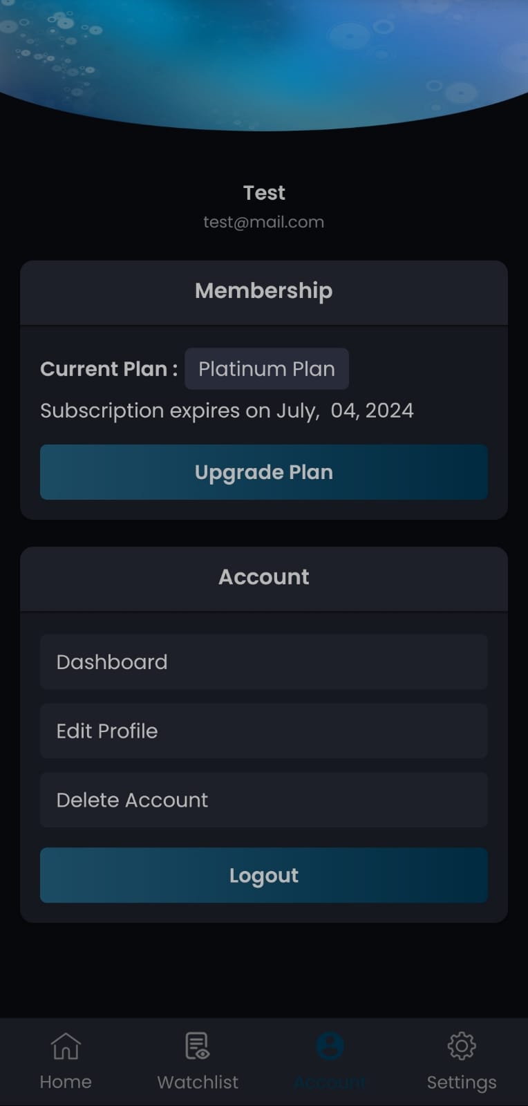 Account Settings Screen